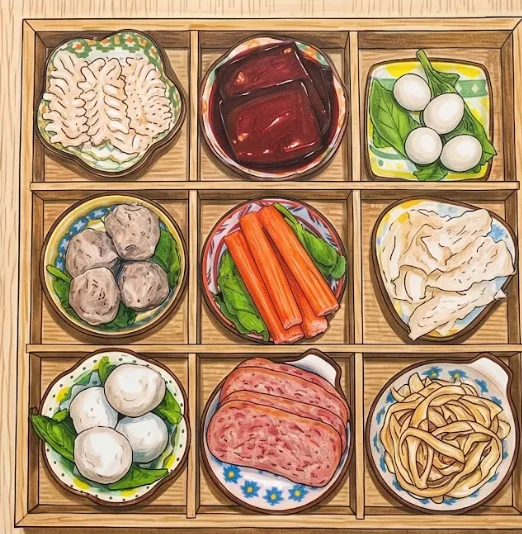 Hand-drawn illustration of a variety of dishes at Mala House
