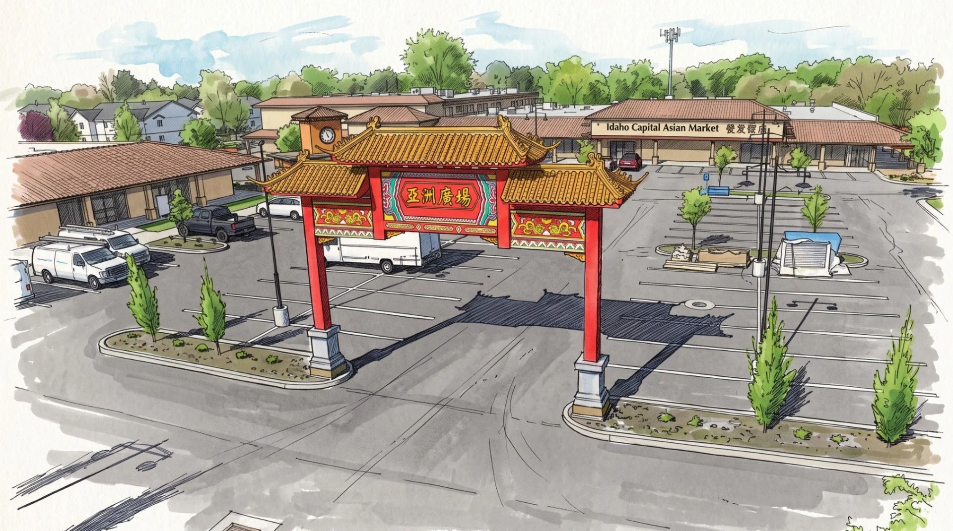 Hand-drawn illustration of Idaho Asian Plaza, with the landmark gate and market buildings at Cole and Ustick